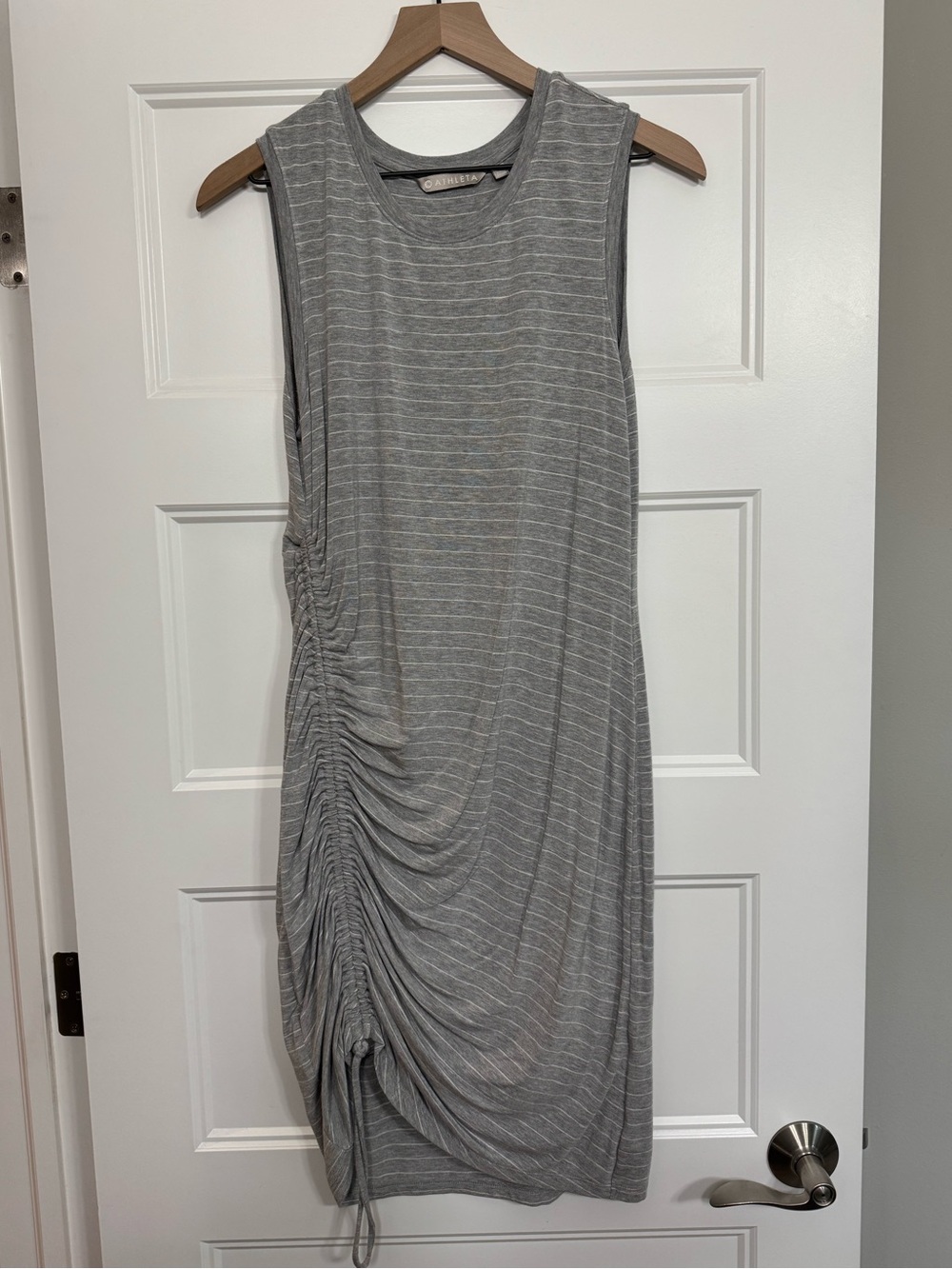 Athleta Gray Striped Ruched Sleeveless Dress